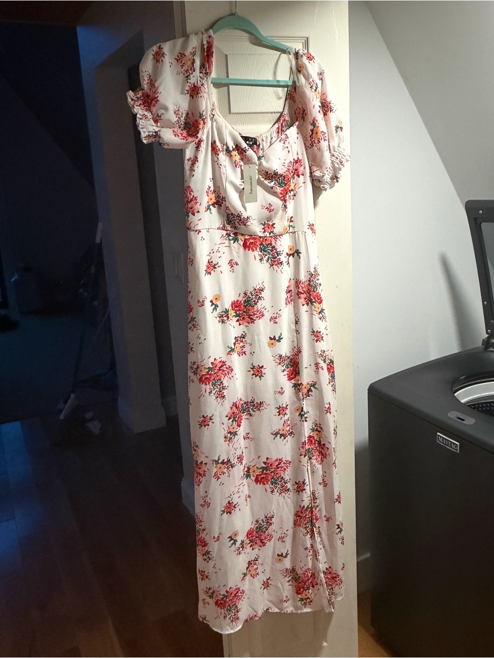 Francesca's Collections White Maxi Dress with Red & Pink Floral Print